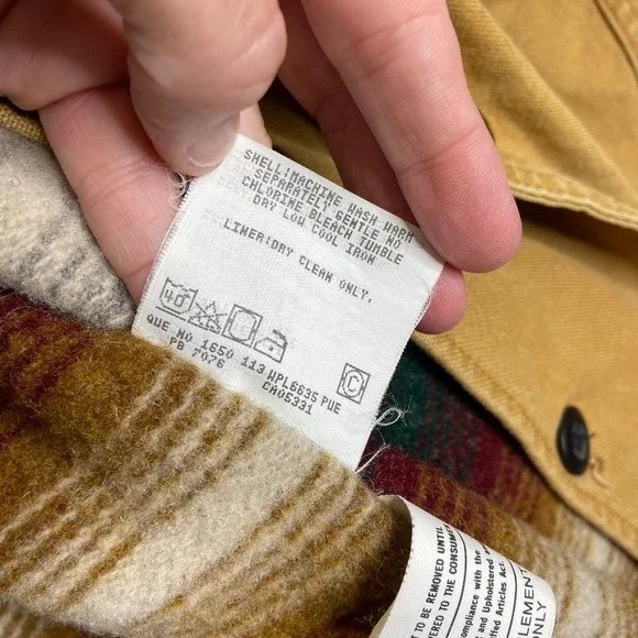 Woolrich Mens VTG Chore Jacket Tan Canvas Leather Collar Striped Lined L - Picture 8 of 9